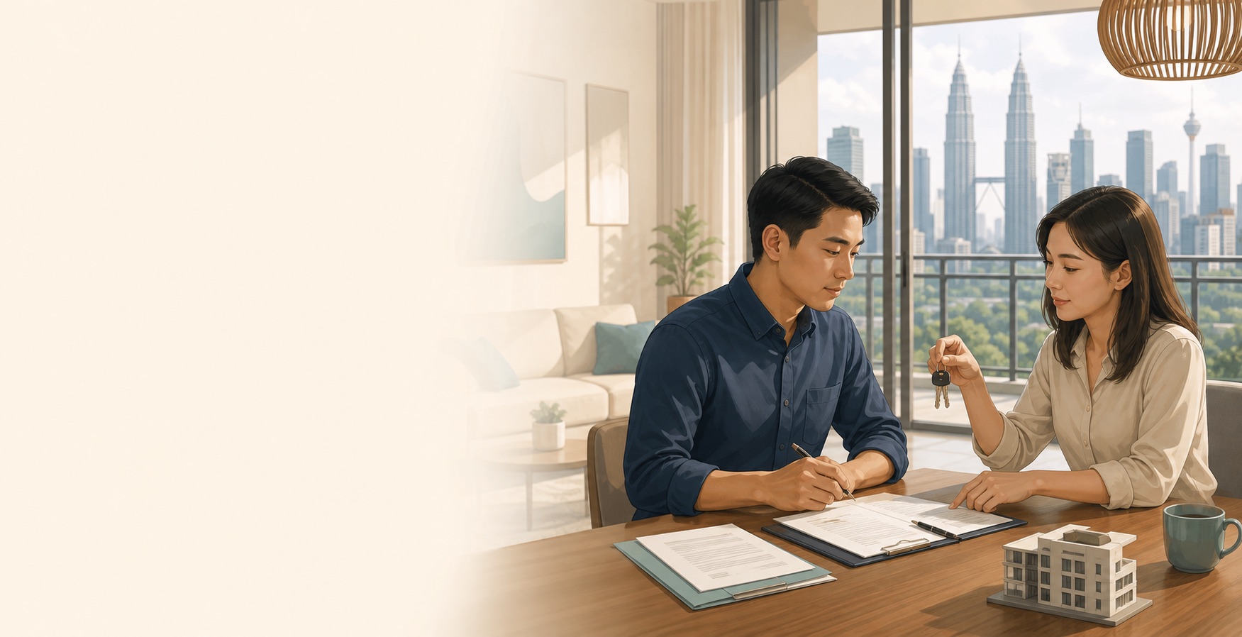 Landlord and renter reviewing tenancy documents during a key handover in a Kuala Lumpur apartment.