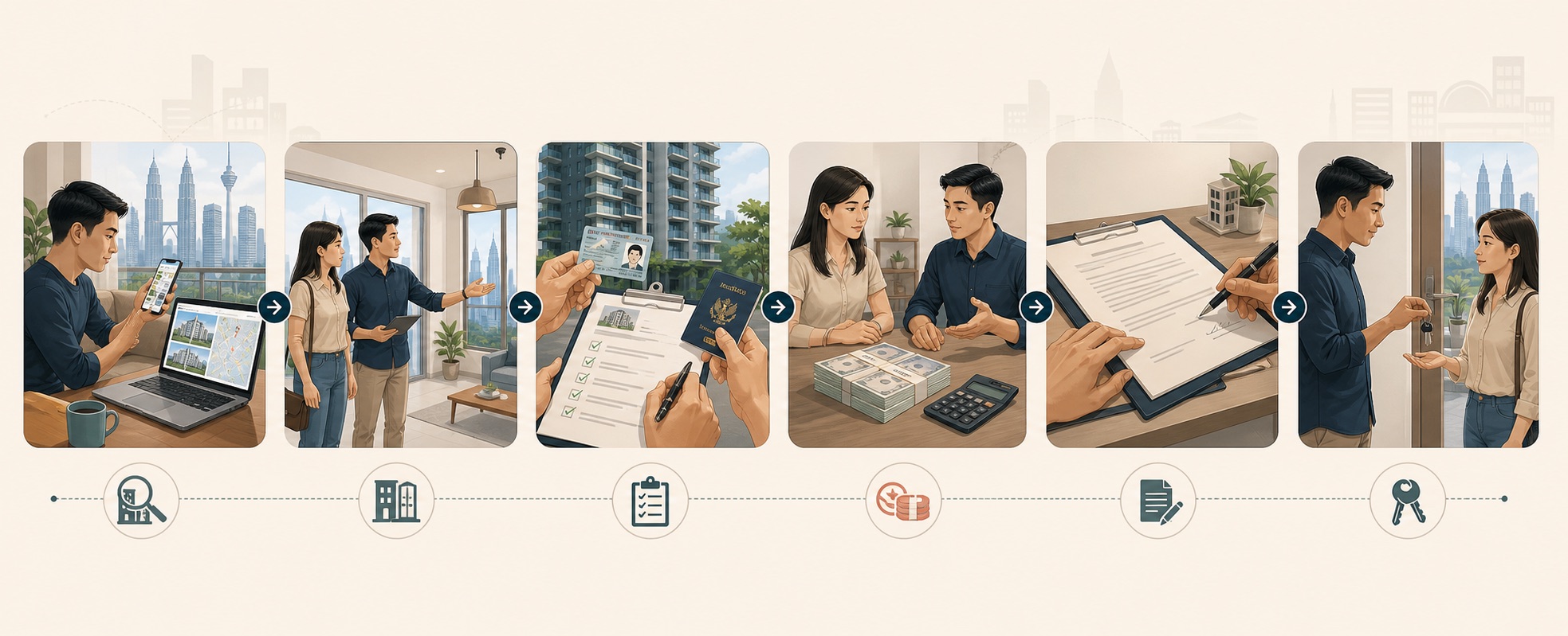 Illustrated rental process showing property search, viewing, checks, deposit discussion, agreement review, and key handover.