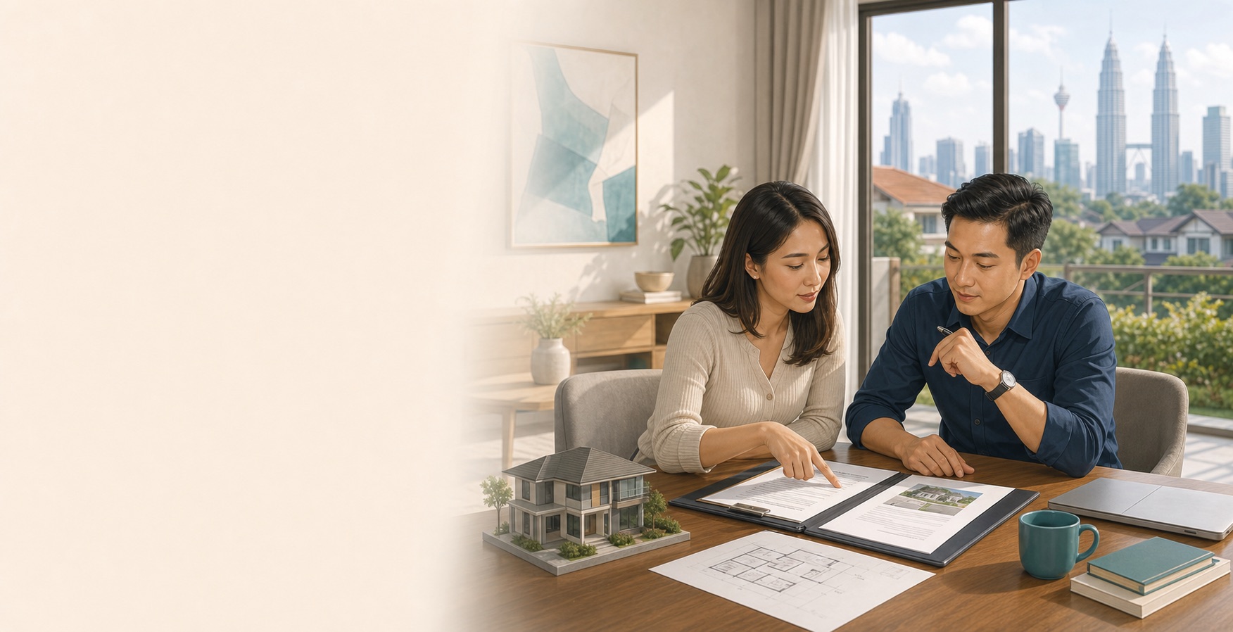Seller and buyer reviewing sale terms and property documents in a residential setting in Kuala Lumpur.