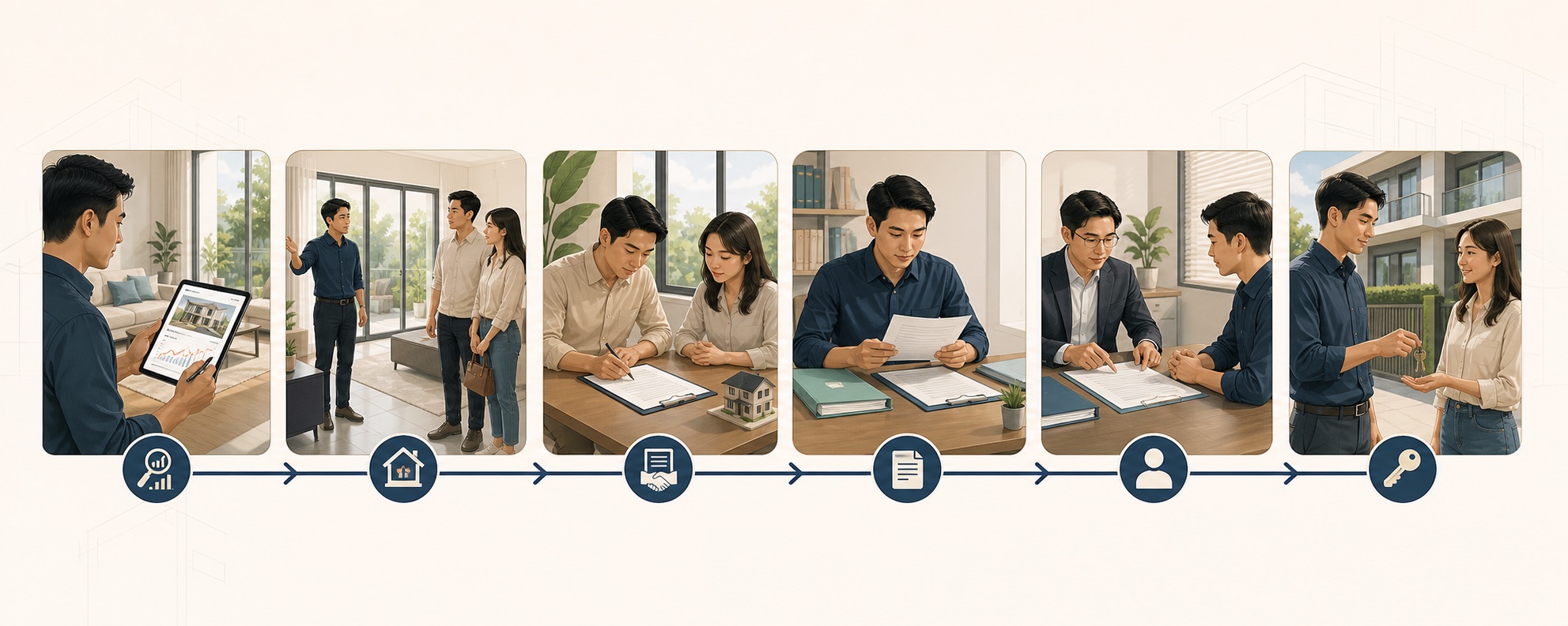Illustrated sale process showing pricing, viewings, booking, document review, lawyer coordination, and completion handover.