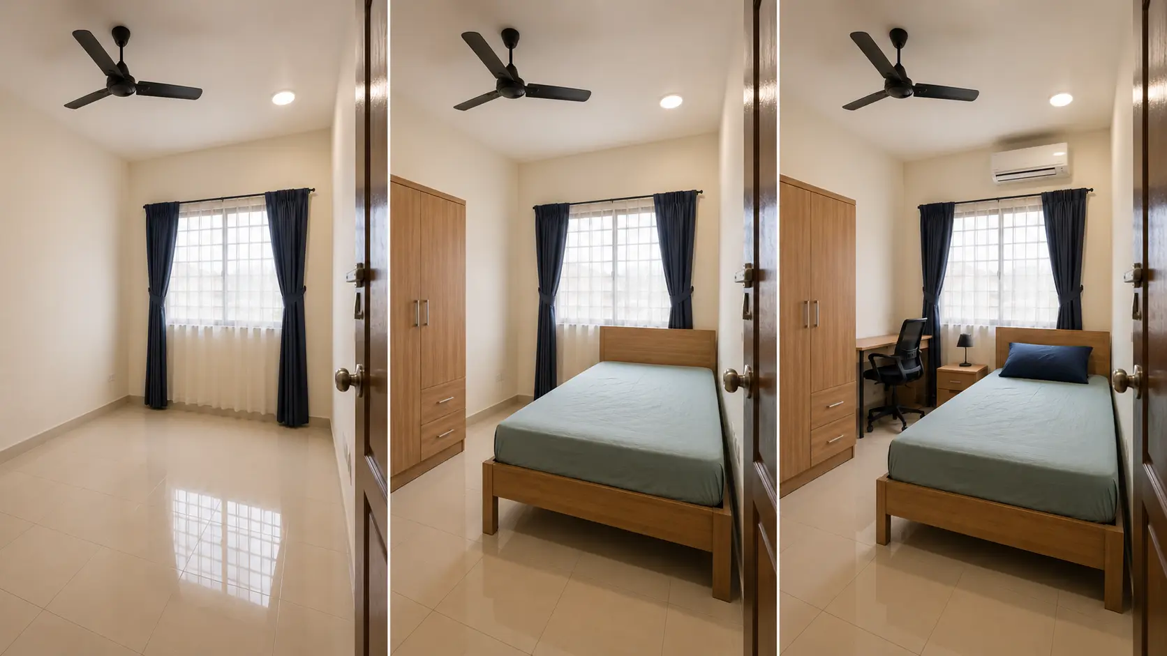 The same bedroom shown bare, partially furnished and fully furnished.